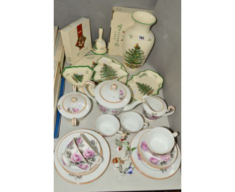 A SMALL COLLECTION OF SPODE 'CHRISTMAS TREE' SERVING DISHES, baluster vase, bell and a cake plate,  (two boxed) together with