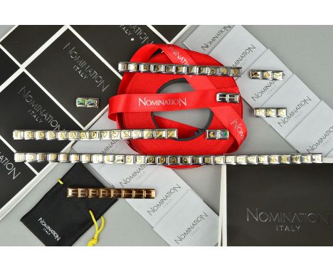 A SELECTION OF NOMINATION CHARMS AND PACKAGING, the charms to include letters, numbers, enamel images and some maker's boxes 