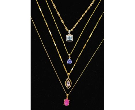 FOUR GEM SET PENDANTS to include a triangular tanzanite pendant, an oval pink tourmaline pendant within an open marquise shap