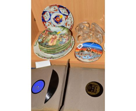 FOUR POOLE POTTERY PLATES, 'Seasons' by Barbara Furstenhofer, together with five Wedgwood glass paperweights, six Wedgwood 'V