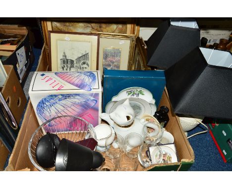 TWO BOXES AND LOOSE SUNDRY ITEMS to include Royal Worcester pin trays, a Bohemian lead crystal fruit bowl, a Wedgwood Queensw