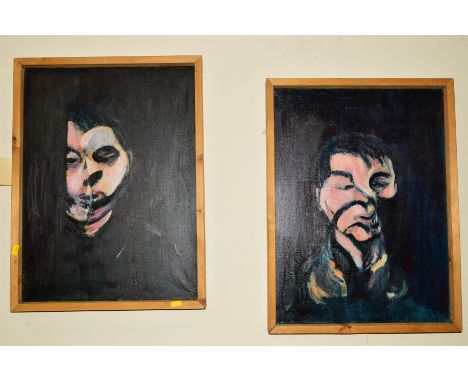 TWO OIL ON CANVAS PORTRAITS IN THE STYLE OF FRANCIS BACON, from the self portrait series, unsigned, framed, approximate size 