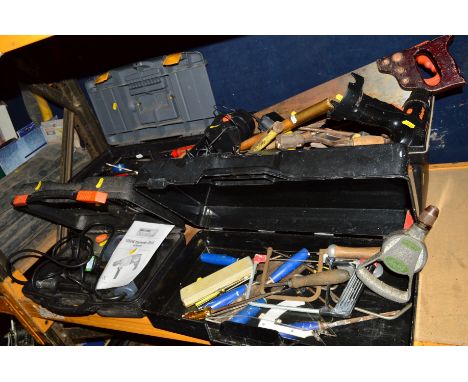 A CASED CHALLENGE EXTREME DRILL and three plastic boxes containing various hand tools (4)