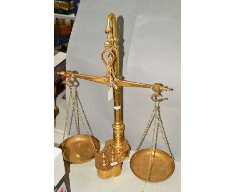 A SET OF BRASS BALANCE SCALES, complete with weights, no obvious makers marking