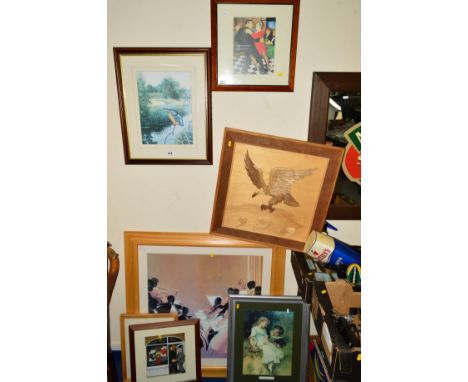 SEVEN VARIOUS PICTURES, to include Waterhouse.J, kingfisher print, two Beryl Cook style pictures, a carved eagle picture etc