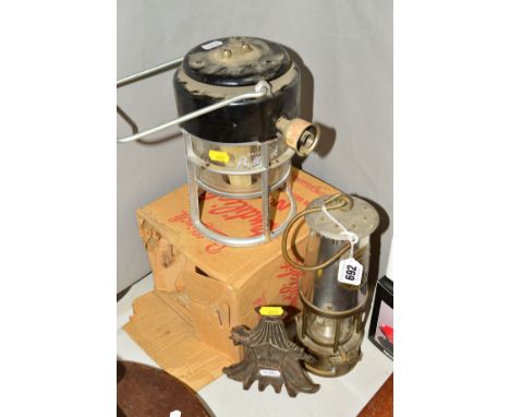 AN ECCLES PROTECTOR MINERS LAMP, type 6, with a boxed Bullfinch 'Handilight' No1616, portable gas lamp and a double sided sea