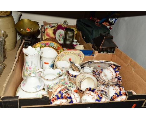TWO BOXES AND LOOSE CERAMICS, SUNDRY ITEMS ETC, to include Aynsley Wild Tudor and Pembroke, Royal Albion China Teawares, Libr