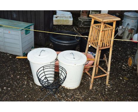 TWO CREAM METAL GARDEN BINS, four plastic compost bins, plastic planter, bamboo plant stand, plant basket, etc (12+)