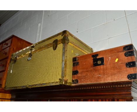 A BRASS BOUND TRUNK and a small wooden metal bound chest (2)