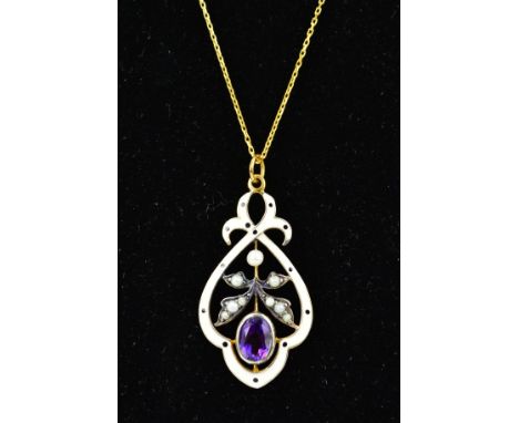 AN AMETHYST, SPLIT PEARL AND ENAMEL PENDANT AND CHAIN designed as an oval amethyst within a collet setting, within a foliate 