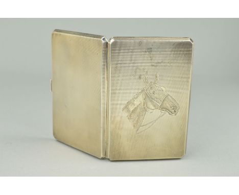  A SILVER CIGARETTE CASE of rectangular outline with engine turned finish and engraved horse's head to the front, personal en