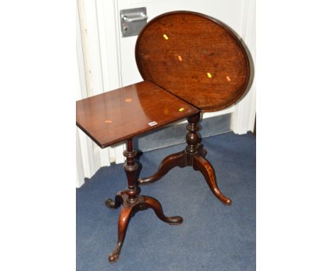 A GEORGIAN MAHOGANY SQUARE TOPPED TRIPOD TABLE (later top) together with a Georgian oak and mahogany circular dish topped til