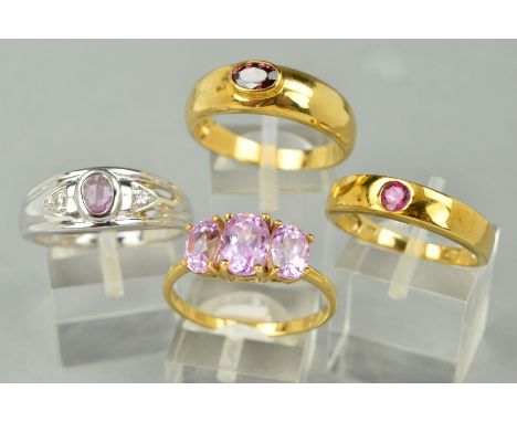 A COLLECTION OF GEM SET 9CT GOLD DRESS RINGS to include a three stone pink gem (possibly Kunzite), ring size V, a three stone