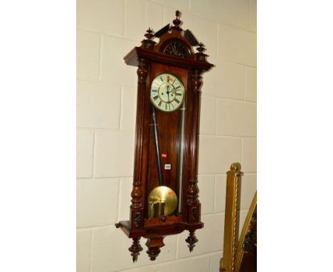 A VICTORIAN WALNUT REGULATOR VIENNA WALL CLOCK, 8 day movement , the enamel dial with a seconds hand and Roman numerals, appr