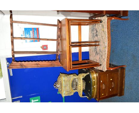 AN OAK PIANO STOOL, another stool, a teak nest of three tables, a two drawer bedside cabinet, pine wall mounted bookshelf, ca