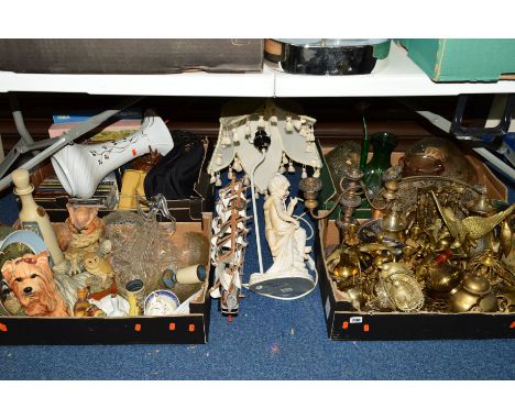 FOUR BOXES AND LOOSE SUNDRY ITEMS to include metalware, glass, ceramics, pictures, cd's, lamp, etc to include Beswick firesid