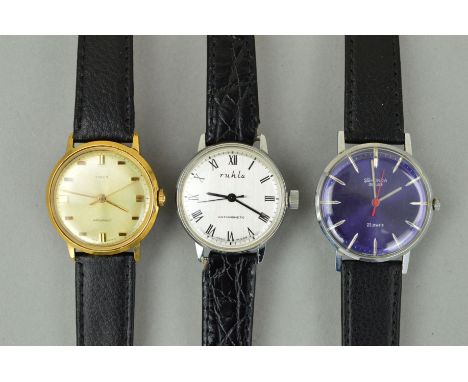 THREE GENTLEMEN'S WRISTWATCHES WITH BLACK LEATHER STRAPS, all with circular faces to include a Sekonda, a Ruhla and a Timex
