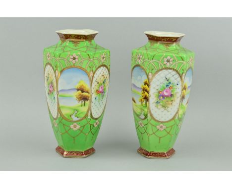 A PAIR OF 20TH CENTURY KINJO CHINA NIPPON VASES, floral and landscape panels, on green ground, with gilt and enamel detail, a