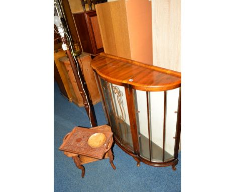 AN ART DECO WALNUT SINGLE DOOR CHINA CABINET, a carved oak occasional table, an oak tray, standard lamp, etc (5) (one key)