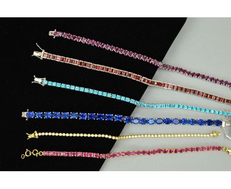 SIX GEM LINE BRACELETS to include a composite glass filled ruby claw set bracelet, a square shape garnet line bracelet, a syn
