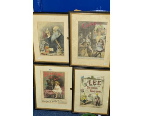 FOUR FRAMED AND GLAZED VINTAGE COLOURED ADVERTISING POSTERS, Lee Cotton, Brookes Soap and two different ones for Cadbury's Co