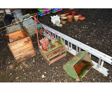 A SET OF DOUBLE EXTENSION ALUMINIUM LADDERS, two galvanised wheelie bins, wooden crate and vintage petrol cylinder lawnmower 