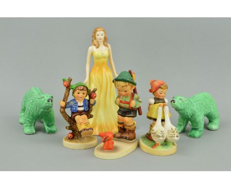SIX CERAMIC ORNAMENTS to include three Hummel figures 'Sensitive Hunter' Hum6, 'Goose Girl' Hum47 and 'Apple Tree Boy' Hum142
