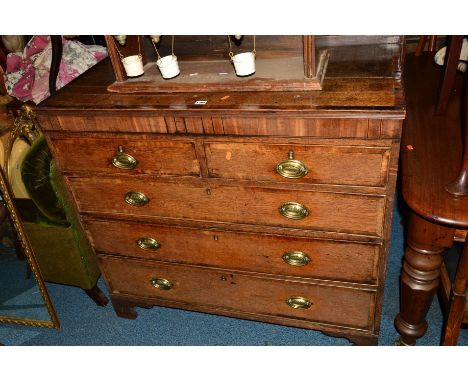A GEORGIAN OAK, MAHOGANY BANDED AND INLAID CHEST of two short and three long drawers, on bracket feet, width 108cm x depth 50
