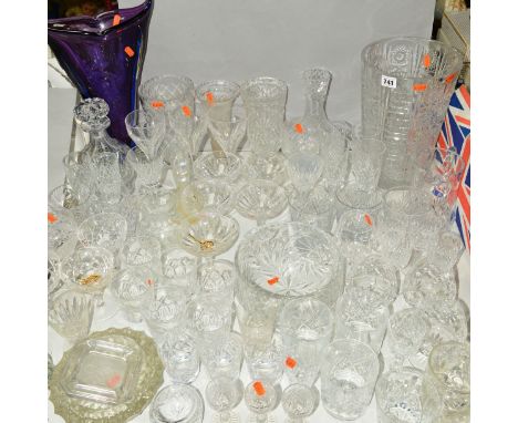 A QUANTITY OF CUT GLASS etc to include a large vase, approximate height 30cm, other vases, fruit bowl, decanter and drinking 