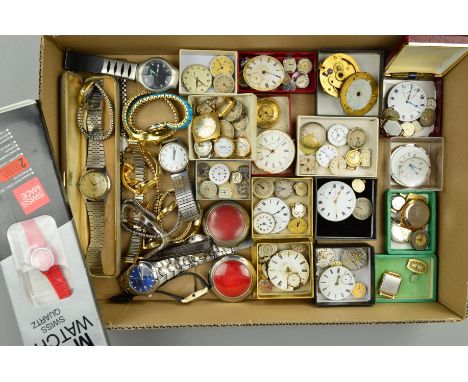 A BOX OF WATCHES, LOOSE WATCH PARTS AND FACES to include pocket watch faces, wrist watch faces, wrist watches including Accur