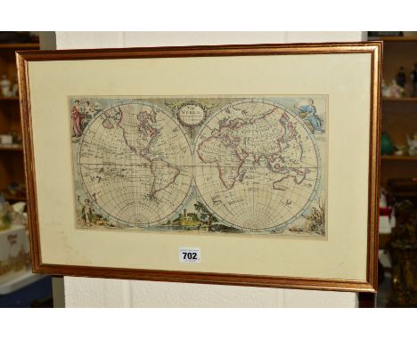 ANON, 'THE WORLD ACCORDING TO THE LATEST DISCOVERIES', a hand coloured engraving double hemisphere World map, similar to Thom