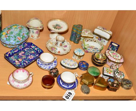 A GROUP OF MINIATURE CERAMICS etc, to include, three Spode cups/saucers, Limoges, Cloisonne, Dresden etc (sd)