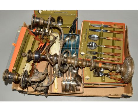 SIX BOXED SANDERSON PLASTIC HANDLED CUTLERY PLACE SETTINGS, a silver plated five light candelabrum, other cutlery, flatware a