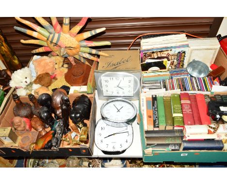 FOUR BOXES AND LOOSE SUNDRY ITEMS to include books, records, carved busts, clocks, soft toys, scales and weights, brass trenc