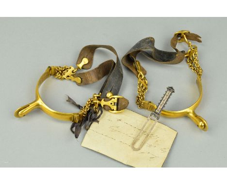 A PAIR OF 19TH CENTURY GILT METAL MAXWELL SPURS with leather straps, bears hand written label 'Last Spurs worn by His Majesty