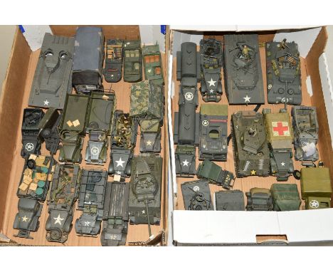 A QUANTITY OF WWII AMERICAN MILITARY VEHICLES, metal and plastic constructed from kits, assorted scales and manufacturers, al