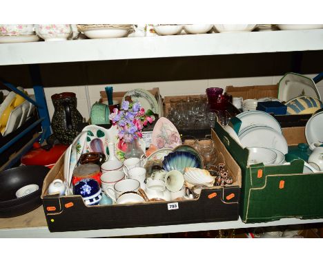 FIVE BOXES AND LOOSE CERAMICS AND GLASS etc, to include a box of Denby g'Greenwheat' table wares, Wedgwood Queensware, Spode 