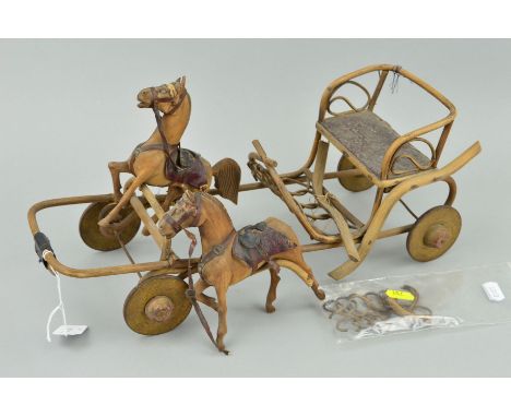 A VINTAGE WOODEN GALLOPING GIG PULL-ALONG TOY, of cane construction with metal wheels, two carved wooden horses, has extensiv
