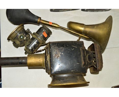 A LUCAS BICYCLE LAMP, a carriage lamp with indistinct makers mark (&amp; Millard, London and Birmingham) and a reproduction b