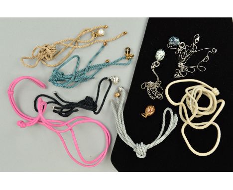 A SELECTION OF BLOSSOM COPENHAGEN DANISH JEWELLERY to include a smokey quartz acorn pendant suspended from a green cord, a gr