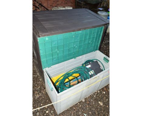 TWO PLASTIC GARDEN CONTAINERS including various garden tools, etc (2)