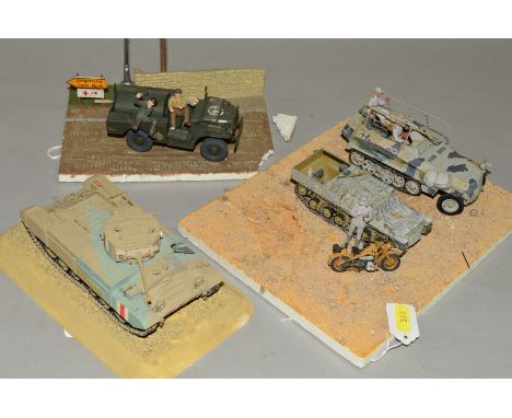 THREE WWII THEMED MILITARY VEHICLE DIORAMAS, two featuring Allied vehicles, the other German, scratchbuilt and constructed fr