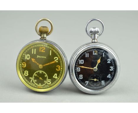 TWO STEEL MILITARY ISSUE POCKET WATCHES, an Elgin black dial with Arabic numbers and a second sweep subsidiary dial, engraved
