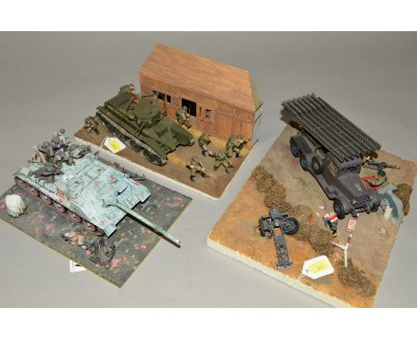 ONE GERMAN AND TWO RUSSIAN WWII THEMED MILITARY VEHICLE DIORAMAS, scratchbuilt and constructed from plastic kits, assorted sc