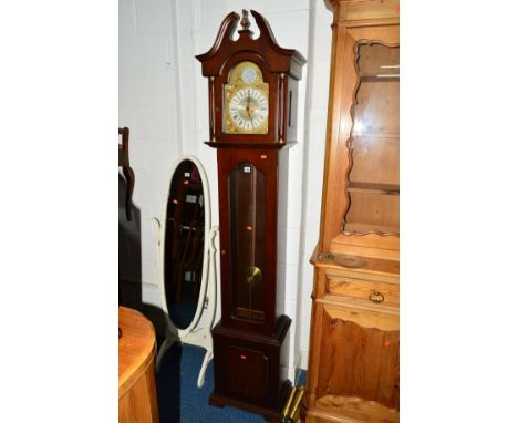 A REPRODUCTION MAHOGANY ECS WESTMINSTER, GERMANY LONGCASE CLOCK, approximate height 213cm (three weights and pendulum)