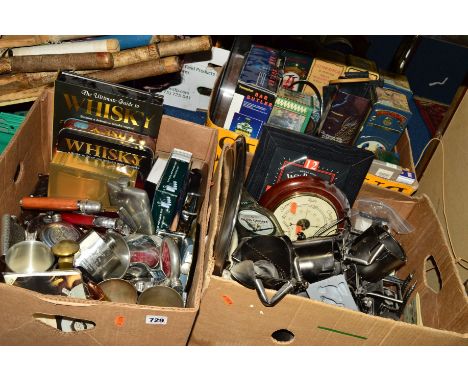 THREE BOXES AND LOOSE BREWERY ITEMS etc to include advertising mirror, clocks, barometer, empty whisky tins, hip flasks, bras