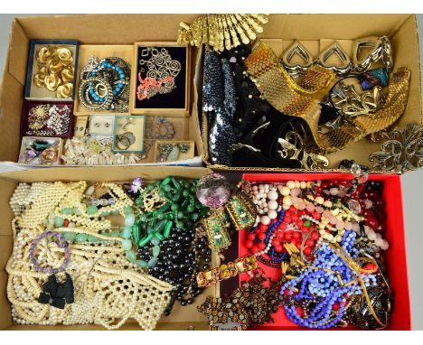 FOUR SMALL BOXES OF MAINLY COSTUME JEWELLERY to include a malachite necklace, imitation pearl necklaces, paste costume jewell