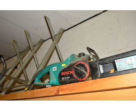 A BOSCH ELECTRIC CHAINSAW, a Silverline log splitting maul and aluminium log saw horse stand (3)