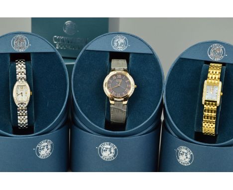 THREE BOXED LADYS CITIZEN ECO-DRIVE WRISTWATCHES, the first with a stainless steel strap, shaped elongated face with diamond 