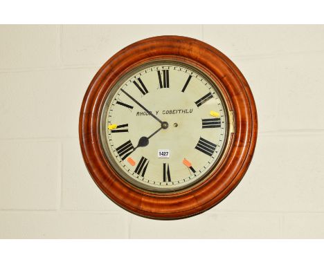 A VICTORIAN WALNUT CIRCULAR WALL CLOCK, single fusee movement, the enamel dial with Roman numerals and marked Rhodd Y Cobeith